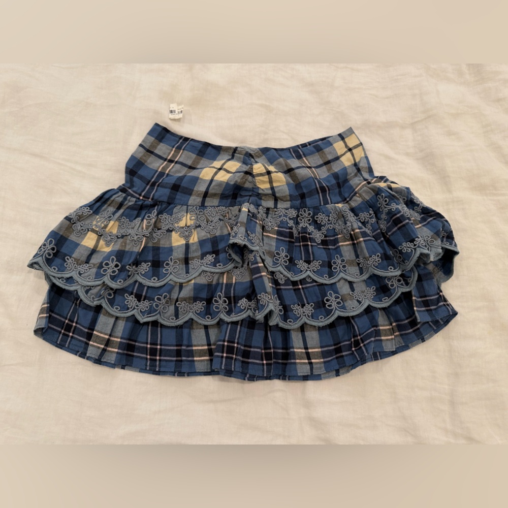 Love Shack Fancy- Blue Plaid Skirt with Embroidered Details NEVER WORN!!